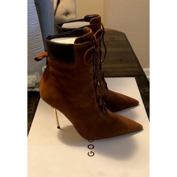 NIB $275 GOOD AMERICAN SCANDAL TOBACCO BROWN SUEDE STILETTO BOOTS SIZE 8 - Picture 6 of 10